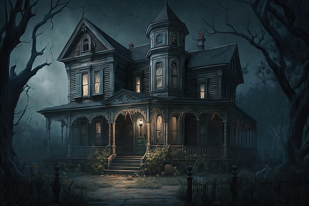 Old horror house with porch at night