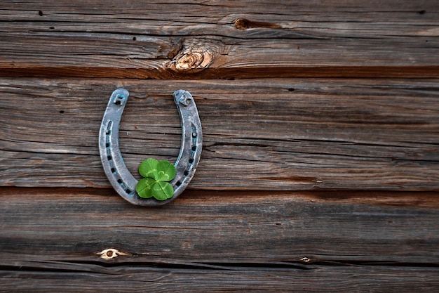 Old horseshoe and four leaf clover on a vintage wooden board.