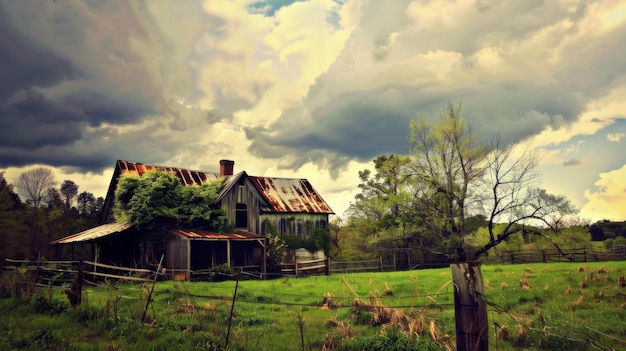 Photo old house in field under stormy sky