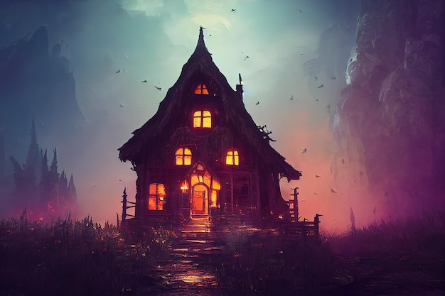 Old house in a mystical spooky forest 3D rendering raster illustration