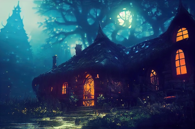 Old house in a mystical spooky forest 3D rendering raster illustration