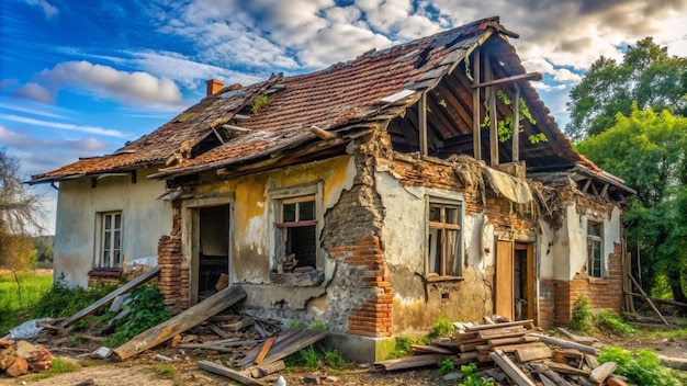 an old house with a broken roof and a broken down house with a sky in the background