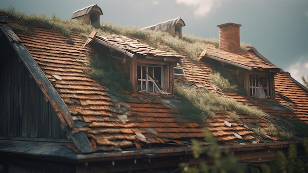 Old house with damaged roof Generative Ai