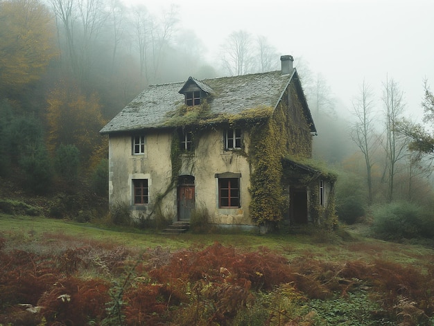 Old house with a mossy roof and a lot of windows