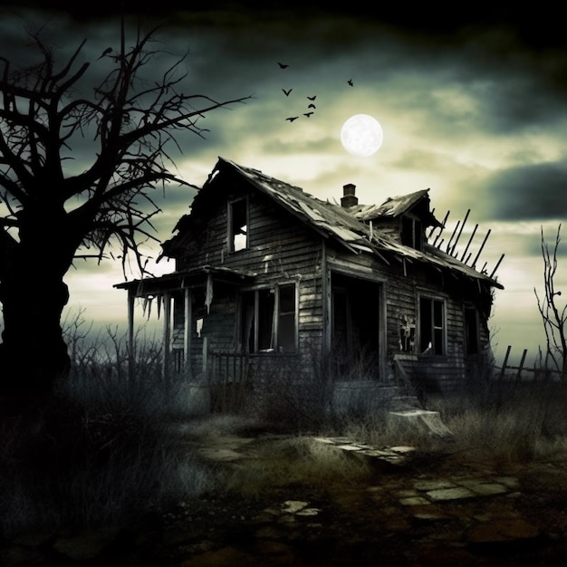 An old house with a spooky sky and a full moon in the background.