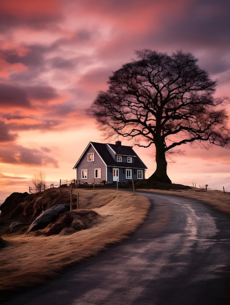 Old house with a tree in the middle of the road at sunset