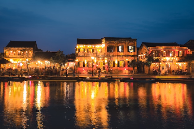 Old houses in Hoi An ancient town at dusk 