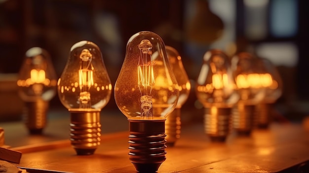 Old incandescent Edison light bulbs on a wooden table Selective focus