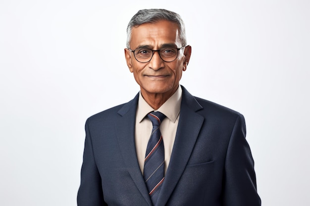 old Indian business man in dark blue suit and striped tie on white background