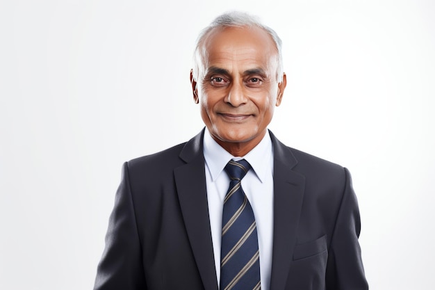 old Indian business man with grey hair in dark blue suit and striped tie on white background