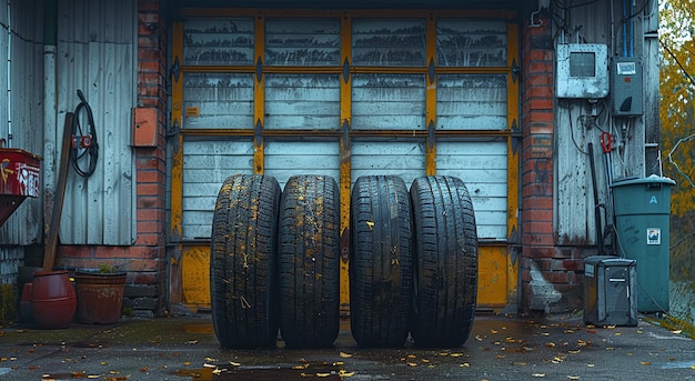 Old industrial garage with stacked used tires in front depicting urban decay and automotive theme