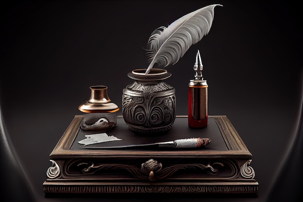 Old inkstand with feather quill blotter seal near scrolls against black background Generative Ai