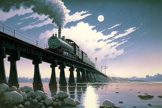 Old Japanese train crossing the river