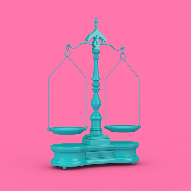 Old Justice Blue Weigh Scales Balance with the Two Arms in Duotone Style 3d Rendering