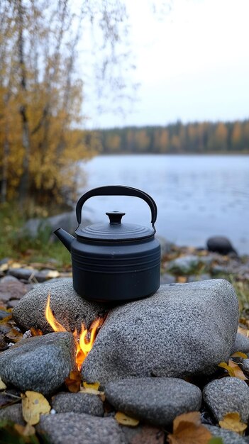 Photo an old kettle simmers over a campfire surrounded by stones and nature as the tranquil sunset casts warm tones over the peaceful landscape