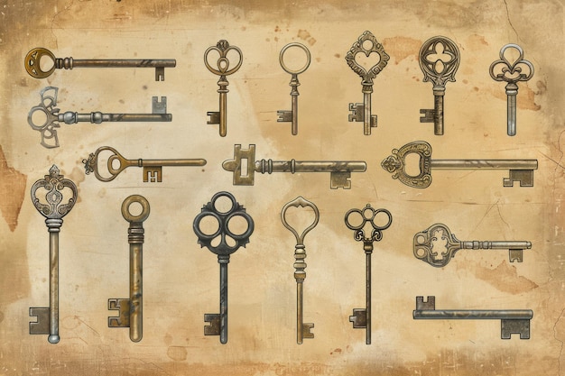 Photo old key collection vintage illustration