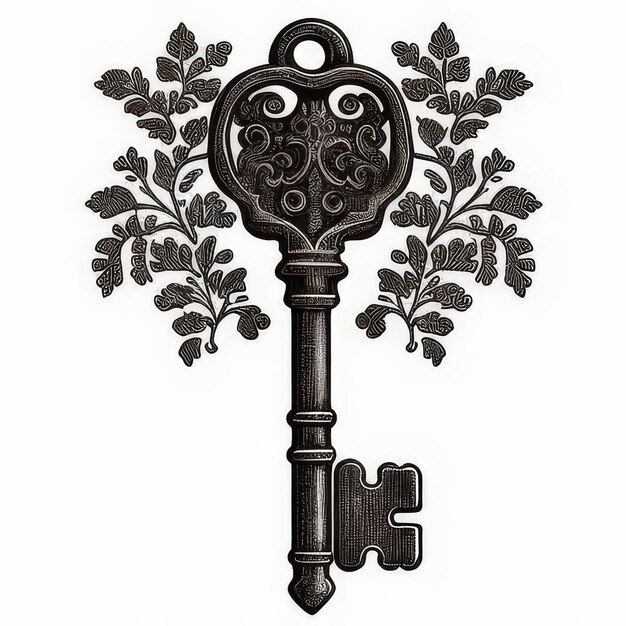 Photo old key with floral ornament on a white background 3d illustration