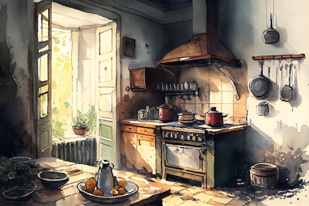 Old Kitchen Watercolor