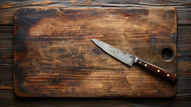 Photo old knife and wooden cutting board on dark wood background