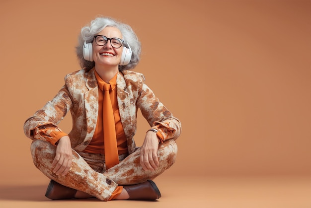 Old lady listening to music White headphones on the head Empty peach color background Stylish clo