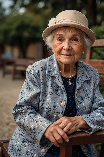 Photo an old lady waiting for his son