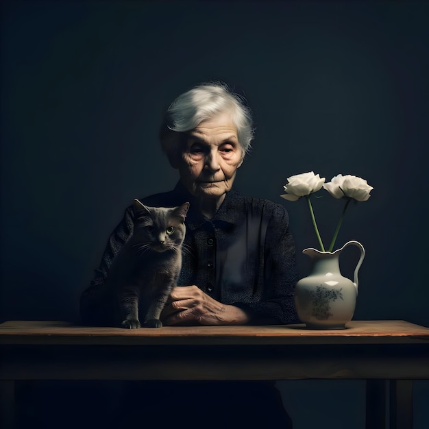 An old lady with a cat in her hand seating and vase with flowers High quality