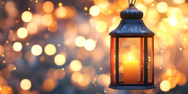 Photo old lantern hanging and illuminating the dark with candlelight and bokeh lights background