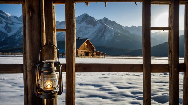 Photo an old lantern hangs on a rustic cabin door illuminated by a serene winter sunset and mountain view