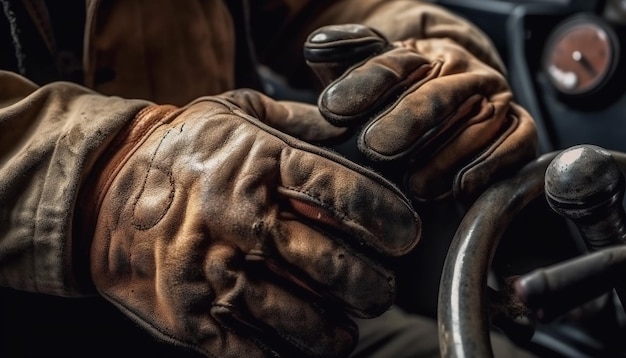 Old leather biker glove grips steel wrench on antique motorcycle generated by AI