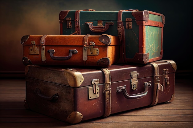 Old leather suitcases for traveling on wooden floor