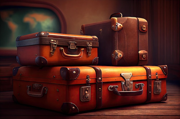 Old leather suitcases for traveling on wooden floor