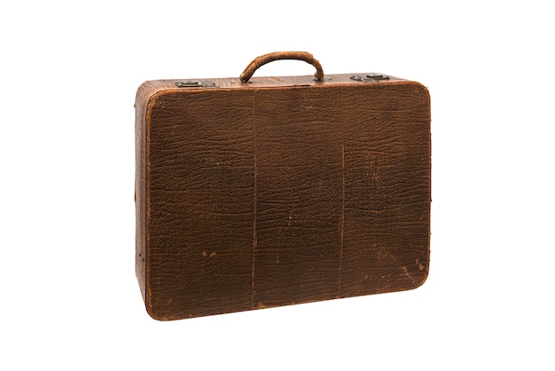 Old leather vintage suitcase isolated on white