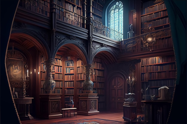 Old library reading room with many old books in vintage style AI