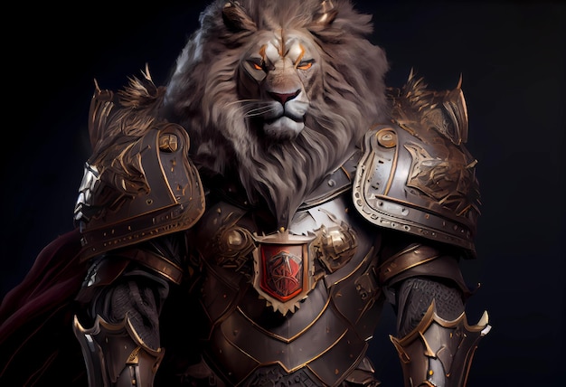 Old lion in medieval armor protector and warrior