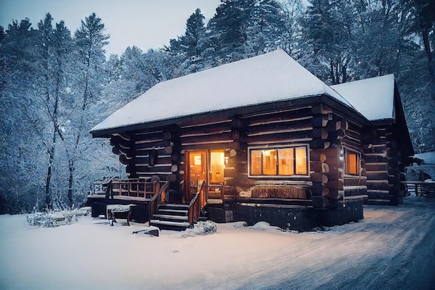 Old log hut in winter landscape