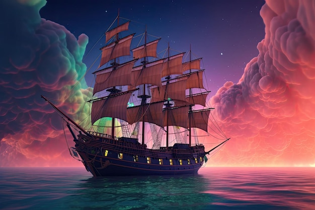 Old magic frigate flying on colorful clouds Ship in the ocean with stardust Generative AI