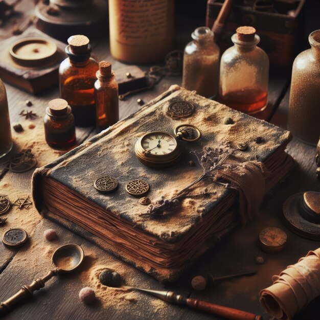 Photo an old magic spell book in the web with vials and potion bottles and bones lying nearby