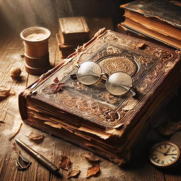 Photo an old magic spell book in the web with vials and potion bottles and bones lying nearby