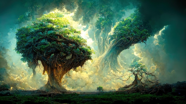 Old magic tree with roots in the forest Digital 3d Illustration