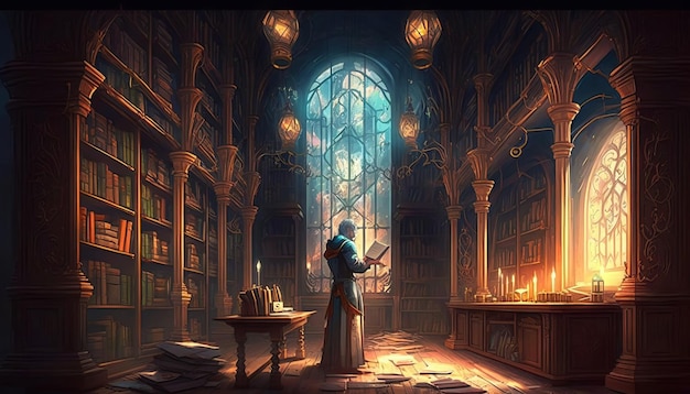 Old and magical library. Generative AI.