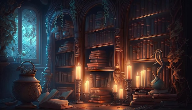 Old and magical library. Generative AI.