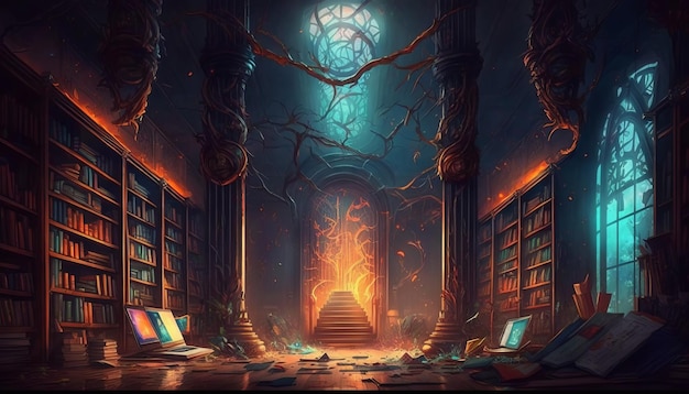 Old and magical library. Generative AI.