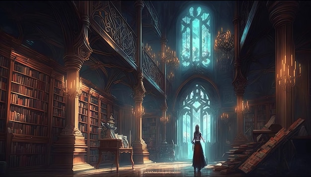 Old and magical library. Generative AI.