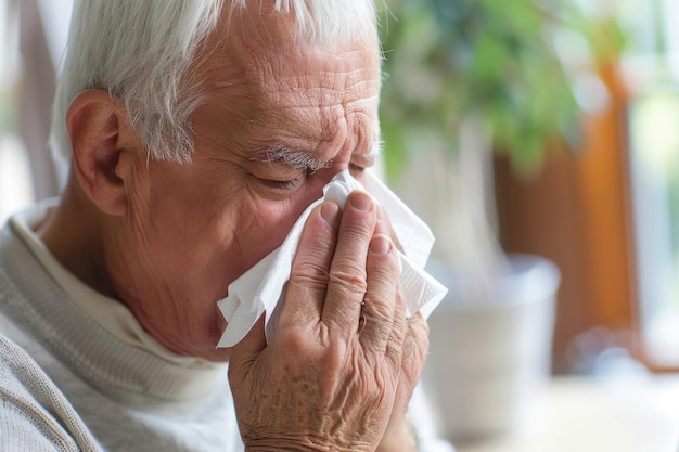 old man blowing nose with tissue due to cold flu or allergy