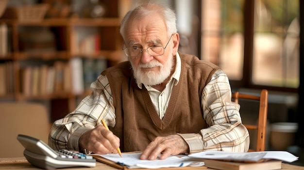 Old man calculating expenses with financial papers and a calculator realistic photo commercial photo