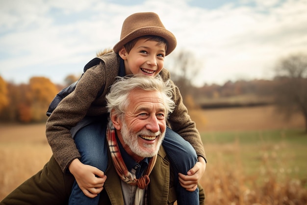 old man and a child boy have piggyback