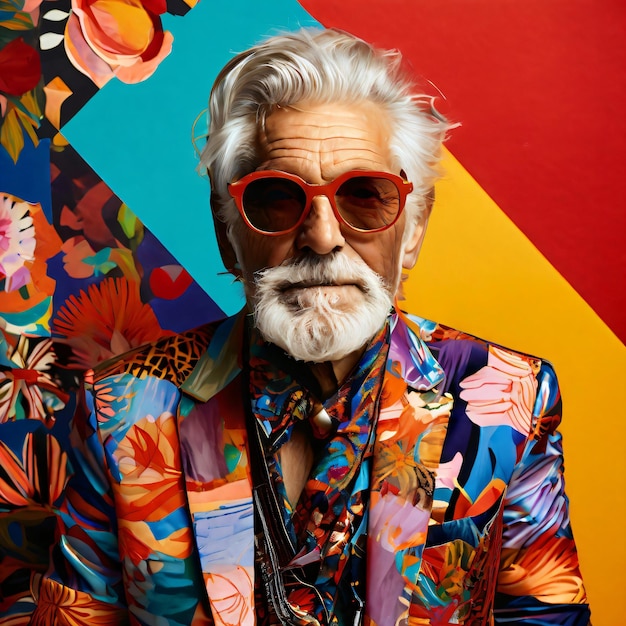 old man depicted as an eclectic fashionista in a vibrant paper collage