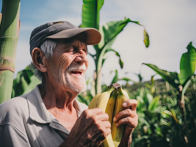 Old man eating bananas in a banana tree AI generative