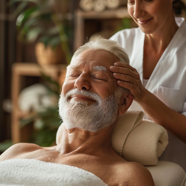 Old man enjoying a scalp massage in a spa by a young woman