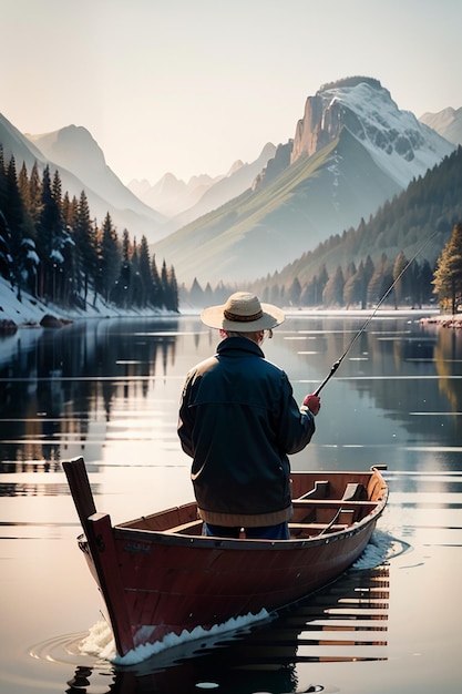 Old man fishing in a boat with houses trees forests and snow capped mountains by the river